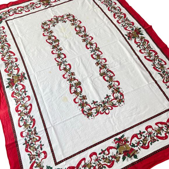 Vintage Christmas tablecloth Y2K long rectangle holiday white red green FLAWS - Picture 6 of 9